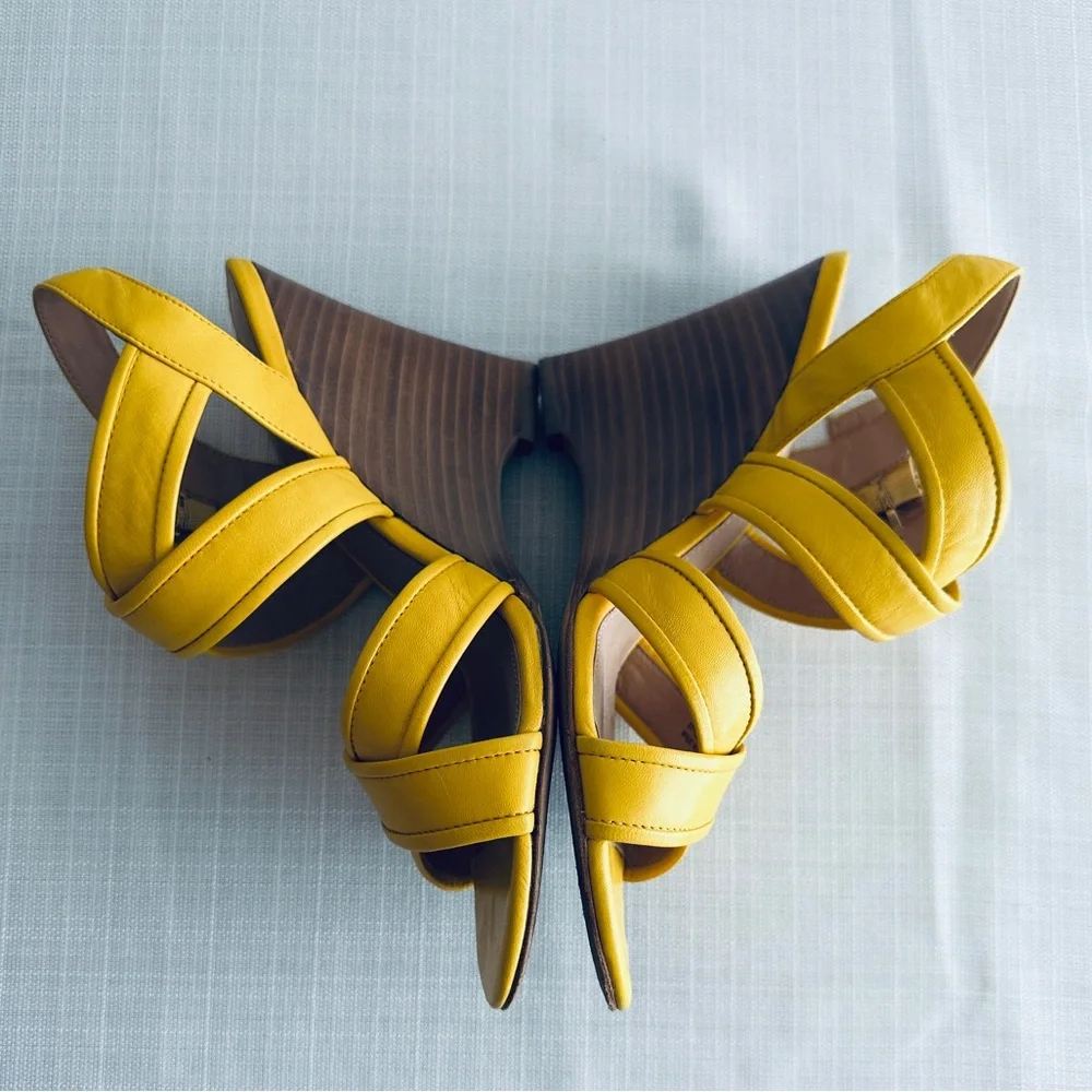 J Crew Shoe Lena Strappy Wood Wedge Sandals Leather Size 7.5 Yellow